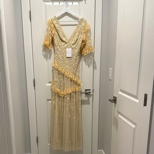 Needle & Thread Yellow Lace Ruffled V-Neck Maxi Dress